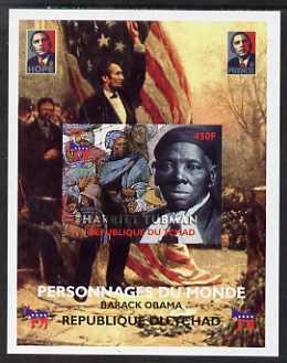 Chad 2008 Barack Obama imperf s/sheet #1 unmounted mint. Note this item is privately produced and is offered purely on its thematic appeal. , stamps on personalities, stamps on obama, stamps on flags, stamps on lincoln, stamps on usa presidents, stamps on americana, stamps on human rights, stamps on slavery