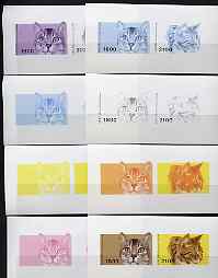 Abkhazia 1996 Cats sheetlet containing 2 values the set of 8 imperf progressive proofs comprising the 4 individual colours plus various 2 & 3-colour composites unmounted ..., stamps on cats