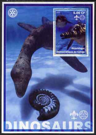 Congo 2002 Dinosaurs #01 perf s/sheet (also showing Scout, Guide & Rotary Logos) unmounted mint, stamps on , stamps on  stamps on dinosaurs, stamps on  stamps on scouts, stamps on  stamps on guides, stamps on  stamps on rotary, stamps on  stamps on fossils, stamps on  stamps on shells