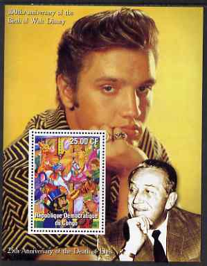Congo 2002 Birth Centenary of Walt Disney & 25th Anniversary of Death of Elvis #5 perf m/sheet unmounted mint. Note this item is privately produced and is offered purely on its thematic appeal, stamps on personalities, stamps on elvis, stamps on music, stamps on pops, stamps on cinema, stamps on fairy tales, stamps on disney, stamps on movies, stamps on films