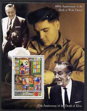 Congo 2002 Birth Centenary of Walt Disney & 25th Anniversary of Death of Elvis #7 perf m/sheet unmounted mint, stamps on personalities, stamps on elvis, stamps on music, stamps on pops, stamps on cinema, stamps on fairy tales, stamps on disney, stamps on movies, stamps on films