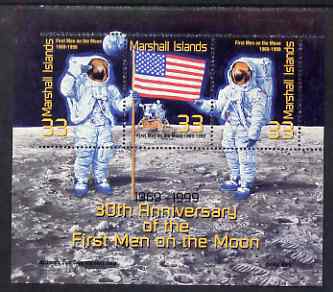 Marshall Islands 1999 30th Anniversary of Moon Landing perf sheetlet containing 3 x 33c values, one stamp imperf at left unmounted mint, as SG MS 1233, stamps on , stamps on  stamps on space, stamps on  stamps on apollo, stamps on  stamps on moon