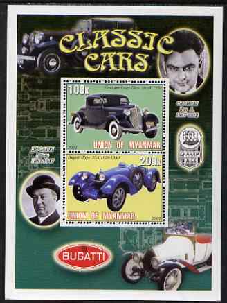 Myanmar 2001 Classic Cars (Graham Paige Bleu & Bugatti) perf sheetlet containing 2 values unmounted mint, stamps on cars