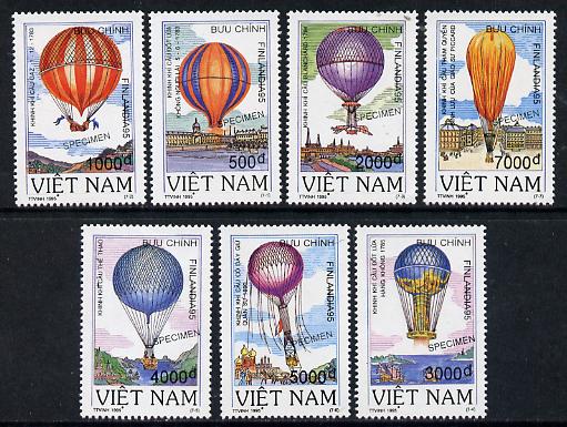 Vietnam 1995 Balloons set of 7 each overprinted SPECIMEN (only 200 sets produced) unmounted mint, stamps on , stamps on  stamps on aviation    balloons