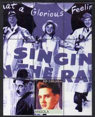 Angola 2000 Elvis Presley with Chaplin & Singing in the Rain Poster perf s/sheet unmounted mint, stamps on , stamps on  stamps on personalities, stamps on  stamps on elvis, stamps on  stamps on movies, stamps on  stamps on films, stamps on  stamps on music, stamps on  stamps on chaplin, stamps on  stamps on cinema
