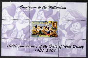 Angola 1999 Countdown to the Millennium - Birth Centenary of Walt Disney perf s/sheet #1 unmounted mint. Note this item is privately produced and is offered purely on its..., stamps on personalities, stamps on movies, stamps on films, stamps on disney, stamps on cinema