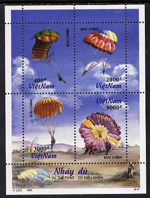 Vietnam 1995 Parachutes perf sheetlet containing 4 values each overprinted SPECIMEN (only 200 sets produced) unmounted mint sd SG 1965-68, stamps on aviation, stamps on parachutes