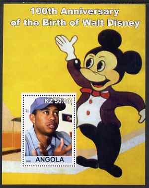Angola 2002 Birth Centenary of Walt Disney #03 perf s/sheet - Tiger Woods & Mickey Mouse unmounted mint, stamps on personalities, stamps on movies, stamps on films, stamps on disney, stamps on cinema, stamps on sport, stamps on golf