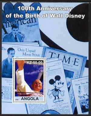 Angola 2002 Birth Centenary of Walt Disney #04 perf s/sheet - Pope & Magazines unmounted mint, stamps on personalities, stamps on movies, stamps on films, stamps on disney, stamps on cinema, stamps on pope