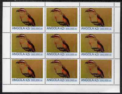 Angola 1999 Birds 300,000k from Flora & Fauna def set complete perf sheet of 9 each opt'd in gold with France 99 Imprint with Chess Piece and inscribed Hobby Day, unmounted mint. Note this item is privately produced and is offered purely on its thematic appeal, stamps on birds, stamps on stamp exhibitions, stamps on chess