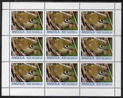 Angola 1999 Birds 50,000k from Flora & Fauna def set complete perf sheet of 9 each optd in gold with France 99 Imprint with Chess Piece and inscribed Hobby Day, unmounted..., stamps on birds, stamps on stamp exhibitions, stamps on chess