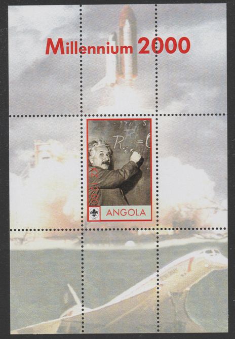 Angola 2000 Millennium 2000 - Einstein perf s/sheet (background shows Shuttle, Concorde & Scout Logo) unmounted mint with title at top, stamps on , stamps on  stamps on personalities, stamps on  stamps on einstein, stamps on  stamps on science, stamps on  stamps on physics, stamps on  stamps on aviation, stamps on  stamps on concorde, stamps on  stamps on shuttle, stamps on  stamps on space, stamps on  stamps on personalities, stamps on  stamps on einstein, stamps on  stamps on science, stamps on  stamps on physics, stamps on  stamps on nobel, stamps on  stamps on maths, stamps on  stamps on space, stamps on  stamps on judaica, stamps on  stamps on atomics, stamps on  stamps on scouts