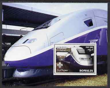 Somalia 2002 SNCF High Speed Train #1 perf m/sheet with Scout Logo unmounted mint, stamps on railways, stamps on scouts, stamps on 