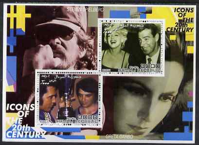 Somalia 2001 Icons of the 20th Century #03 - Elvis & Marilyn perf sheetlet containing 2 values with Spielberg & Greta Garbo in background unmounted mint, stamps on , stamps on  stamps on personalities, stamps on  stamps on millennium, stamps on  stamps on movies, stamps on  stamps on films, stamps on  stamps on music, stamps on  stamps on marilyn, stamps on  stamps on elvis, stamps on  stamps on , stamps on  stamps on marilyn monroe