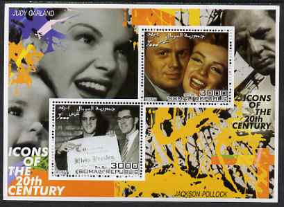 Somalia 2001 Icons of the 20th Century #08 - Elvis & Marilyn perf sheetlet containing 2 values with Judy Garland & Jackson Pollock in background unmounted mint. Note this item is privately produced and is offered purely on its thematic appeal, stamps on , stamps on  stamps on personalities, stamps on  stamps on millennium, stamps on  stamps on movies, stamps on  stamps on films, stamps on  stamps on music, stamps on  stamps on marilyn, stamps on  stamps on elvis, stamps on  stamps on arts, stamps on  stamps on marilyn monroe