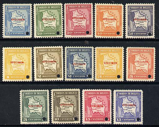 Bolivia 1935 Maps 'Postage' set of 14 each with security punch hole and overprinted SPECIMEN (unmounted mint ex ABNCo archives) SG 284-97, stamps on maps