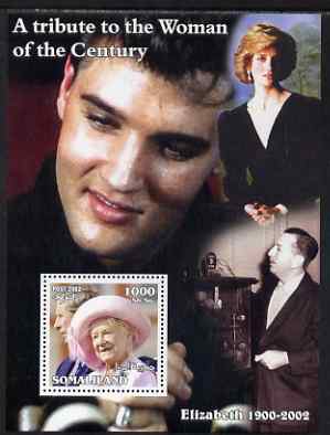 Somaliland 2002 A Tribute to the Woman of the Century #08 - The Queen Mother perf m/sheet also showing Walt Disney, Diana & Elvis, unmounted mint. Note this item is priva..., stamps on royalty, stamps on queen mother, stamps on women, stamps on films, stamps on cinema, stamps on elvis, stamps on disney, stamps on personalities, stamps on diana