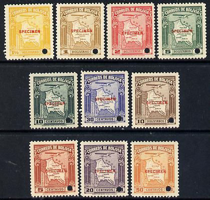 Bolivia 1935 Maps Air set of 10 each with security punch hole and overprinted SPECIMEN (unmounted mint ex ABNCo archives) SG 298-307, stamps on maps