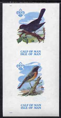 Calf of Man 1973 Birds imperf m/sheet (showing 5m Redstart & 20m Blackbird - from first printing without the birds' names) unmounted mint with Scout logo, Rosen CA313MS, stamps on birds, stamps on blackbirds, stamps on scouts