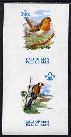 Calf of Man 1973 Birds imperf m/sheet (showing 10m Robin & 45m Goldfinch - from first printing without the birds names) unmounted mint with Scout logo, Rosen CA314MS, stamps on birds, stamps on robin, stamps on goldfinch, stamps on scouts