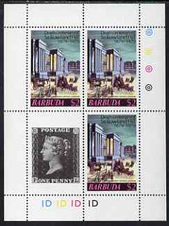 Barbuda 1975 Death Centenary of Rowland Hill perf sheetlet #4 containing 3 x $2 plus 1d black label unmounted mint, as SG 450, stamps on rowland hill, stamps on personalities, stamps on stamp on stamp, stamps on  postal, stamps on mail coaches, stamps on horses, stamps on stamponstamp