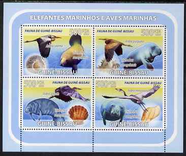 Guinea - Bissau 2008 Sea Cows & Sea Birds (with seashells) perf sheetlet containing 4 values unmounted mint, stamps on animals, stamps on sea cows, stamps on manatees, stamps on marine life, stamps on birds, stamps on herons, stamps on shells