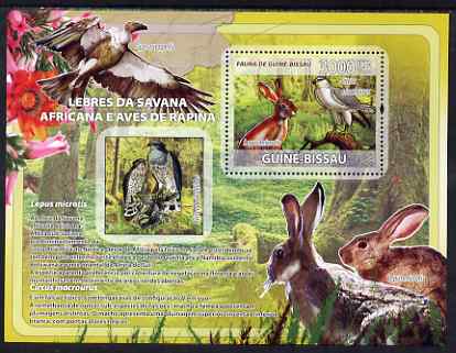 Guinea - Bissau 2008 Rabbits & Birds of African Savanna perf souvenir sheet unmounted mint, stamps on animals, stamps on rabbits, stamps on hares, stamps on birds, stamps on birds of prey, stamps on flowers