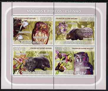 Guinea - Bissau 2008 Owls and Porcupines (with orchids) perf sheetlet containing 4 values unmounted mint, stamps on animals, stamps on birds, stamps on birds of prey, stamps on owls, stamps on porcupines, stamps on flowers, stamps on orchids