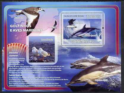Guinea - Bissau 2008 Dolphins & Sea Birds (with seashells) perf souvenir sheet unmounted mint, stamps on marine life, stamps on dolphins, stamps on shells, stamps on birds, stamps on sea birds