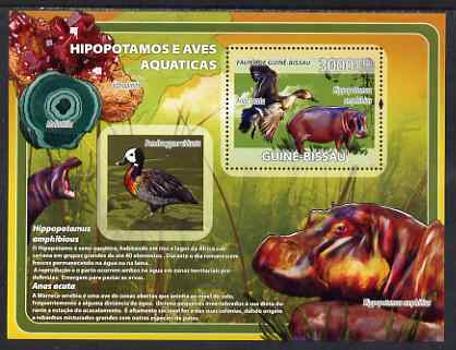 Guinea - Bissau 2008 Hippopotamus and Birds (with minerals) perf souvenir sheet unmounted mint, stamps on animals, stamps on hippopotamus, stamps on birds, stamps on ducks, stamps on minerals