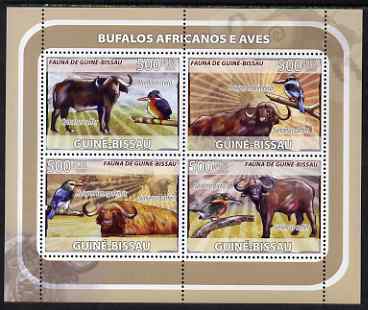 Guinea - Bissau 2008 Buffalo & Birds perf sheetlet containing 4 values unmounted mint, stamps on animals, stamps on buffalo, stamps on birds, stamps on butterflies, stamps on kingfishers, stamps on bovine