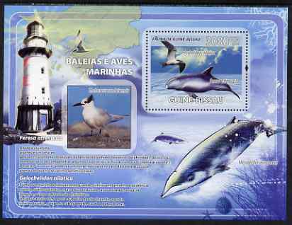 Guinea - Bissau 2008 Whales &  Sea Birds (with Lighthouse) perf souvenir sheet unmounted mint, stamps on marine life, stamps on whales, stamps on birds, stamps on sea birds, stamps on lighthouses, stamps on maps