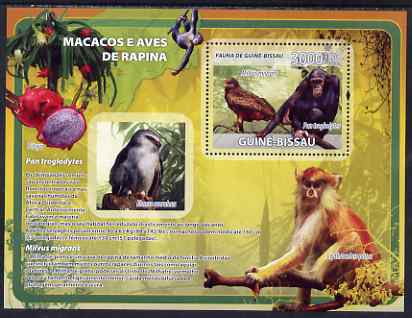 Guinea - Bissau 2008 Primates and Birds (with fruit) perf souvenir sheet unmounted mint, stamps on , stamps on  stamps on animals, stamps on  stamps on primates, stamps on  stamps on monkeys, stamps on  stamps on apes, stamps on  stamps on birds, stamps on  stamps on fruit, stamps on  stamps on birds of prey, stamps on  stamps on maps