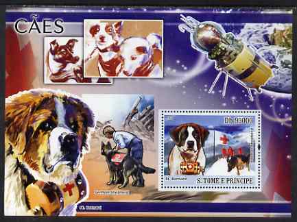 St Thomas & Prince Islands 2008 Dogs and their Masters perf souvenir sheet unmounted mint, stamps on animals, stamps on dogs, stamps on st bernards, stamps on german shepherd, stamps on  gsd , stamps on red cross, stamps on mountains, stamps on space