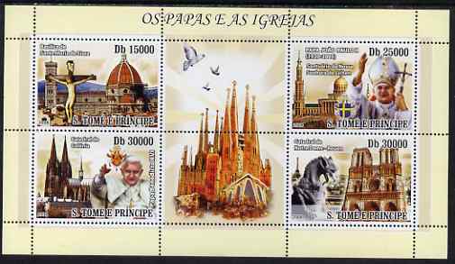 St Thomas & Prince Islands 2008 Popes (Jean Paul II, Benedict XVI) & Churches perf sheetlet containing 4 values plus 2 labels unmounted mint, stamps on religion, stamps on popes, stamps on churches, stamps on cathedrals, stamps on arms, stamps on heraldry