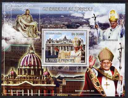 St Thomas & Prince Islands 2008 Popes (Jean Paul II, Benedict XVI) & Churches perf souvenir sheet unmounted mint, stamps on religion, stamps on popes, stamps on churches, stamps on cathedrals, stamps on arms, stamps on heraldry, stamps on arts, stamps on sculptures