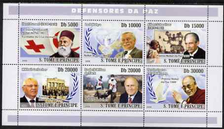 St Thomas & Prince Islands 2008 Peacekeepers & Red Cross (H Dunant, Lech Walesa, A Schweitzer, Gorbachev, de Klerk, Dalai Lama) perf sheetlet containing 6 values unmounted mint, stamps on nobel, stamps on red cross, stamps on peace, stamps on personalities, stamps on religion, stamps on medical, stamps on birds, stamps on doves