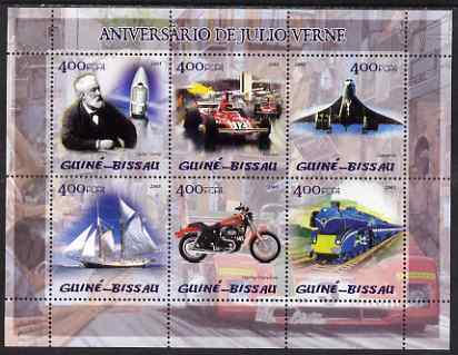Guinea - Bissau 2005 Centenary of death of Jules Verne perf sheetlet containing 6 values (featuring Jules Verne,  F1 Ferrari, Concorde, Harley Davidson motorcyle etc) unmounted mint Mi 2865-70, stamps on literature, stamps on jules verne, stamps on space, stamps on  f1 , stamps on formula one, stamps on concorde, stamps on ships, stamps on motorcyles, stamps on railways, stamps on ferrari, stamps on harley davidson