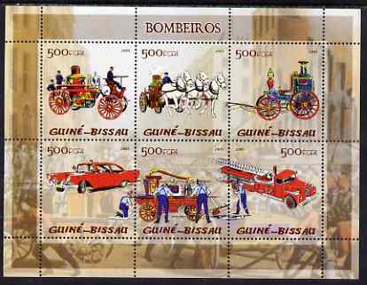Guinea - Bissau 2005 Fire Engines perf sheetlet containing 6 values unmounted mint Yv 1768-73, stamps on fire, stamps on fire engines, stamps on transport, stamps on horses