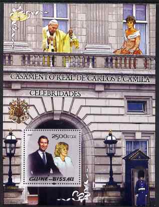 Guinea - Bissau 2005 Royal Wedding Prince Charles and Camilla Parker Bowles perf souvenir sheet (also featuring Pope Jean-Paul II and Princess Diana) unmounted mint Mi  B..., stamps on royalty, stamps on charles, stamps on popes, stamps on diana, stamps on arms, stamps on heraldry