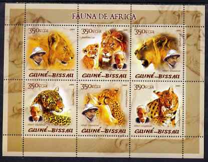 Guinea - Bissau 2005 Fauna of Africa (featuring Albert Schweitzer and Wild Cats) perf sheetlet containing 6 values unmounted mint Mi 2828-23, stamps on animals, stamps on cats, stamps on lions, stamps on leopards, stamps on personalities, stamps on schweitzer