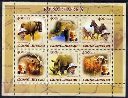 Guinea - Bissau 2005 Fauna of Africa (featuring Albert Schweitzer and Mammals) sheetlet containing 6 values unmounted mint Mi 2824-29, stamps on animals, stamps on personalities, stamps on schweitzer, stamps on elephants, stamps on zebra, stamps on wildebeast, stamps on hippopotamus, stamps on rhinoceros, stamps on buffalo, stamps on bovine