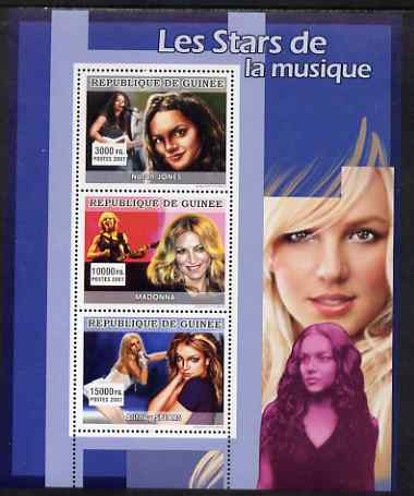 Guinea - Conakry 2007 Female Music Stars perf sheetlet containing 3 values (Norah Jones, Madonna, Britney Spears) unmounted mint, stamps on , stamps on  stamps on music, stamps on  stamps on personalities, stamps on  stamps on madonna