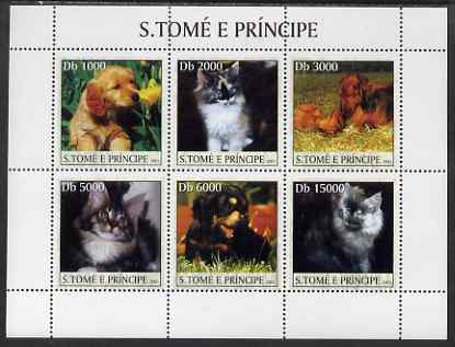 St Thomas & Prince Islands 2003 Cats & Dogs (puppy sniffing flower) perf sheetlet containing 6 values unmounted mint Mi 2118-23, stamps on animals, stamps on cats, stamps on dogs