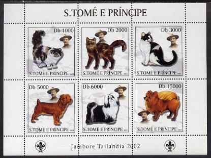 St Thomas & Prince Islands 2003 Cats & Dogs (with Scouts emblem) perf sheetlet containing 6 values unmounted mint Mi 2112-17, stamps on animals, stamps on cats, stamps on scouts, stamps on dogs