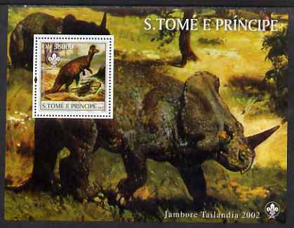 St Thomas & Prince Islands 2003 Dinosaurs (with Scouts emblem) perf souvenir sheet unmounted mint Mi Bl 1423, stamps on dinosaurs, stamps on minerals, stamps on scouts