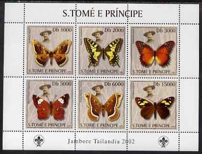 St Thomas & Prince Islands 2003 Butterflies (with Lord Baden-Powell) perf sheetlet containing 6 values unmounted mint Mi 2013-18, stamps on butterflies, stamps on scouts