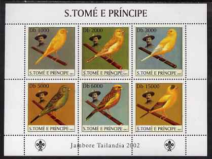 St Thomas & Prince Islands 2003 Canaries (with Lord Baden-Powell) perf sheetlet containing 6 values unmounted mint Mi 2025-30, stamps on , stamps on  stamps on birds, stamps on  stamps on canaries, stamps on  stamps on scouts