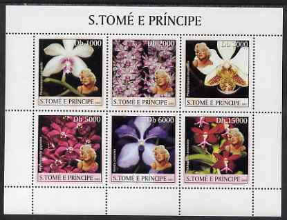 St Thomas & Prince Islands 2003 Orchids (with Marilyn Monroe) perf sheetlet containing 6 values unmounted mint Mi 2043-48, stamps on orchids, stamps on personalities, stamps on films, stamps on marilyn, stamps on marilyn monroe