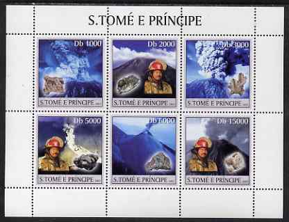St Thomas & Prince Islands 2003 Volcanoes (with Ash Clouds Fire-fighter & minerals) perf sheetlet containing 6 values unmounted mint Mi 1987-92, stamps on fire, stamps on volcanoes, stamps on minerals, stamps on vulcanology